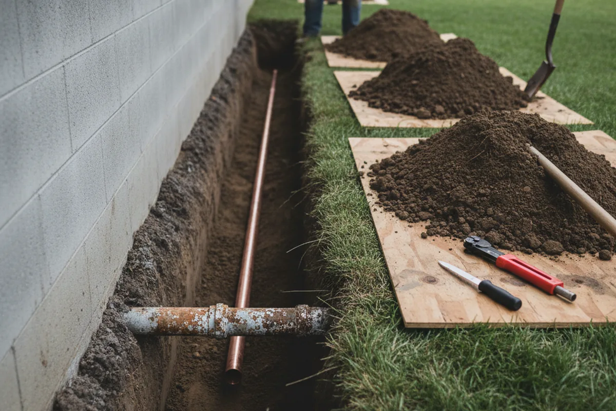 Excavated water line trench during Sewer Line Repair in Saxton